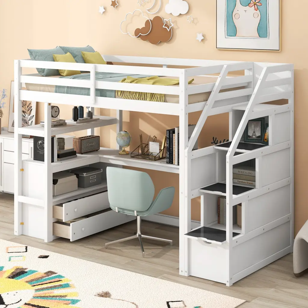 Twin Size Loft Bed Desk, Shelves, and Two Storage Drawers wm store