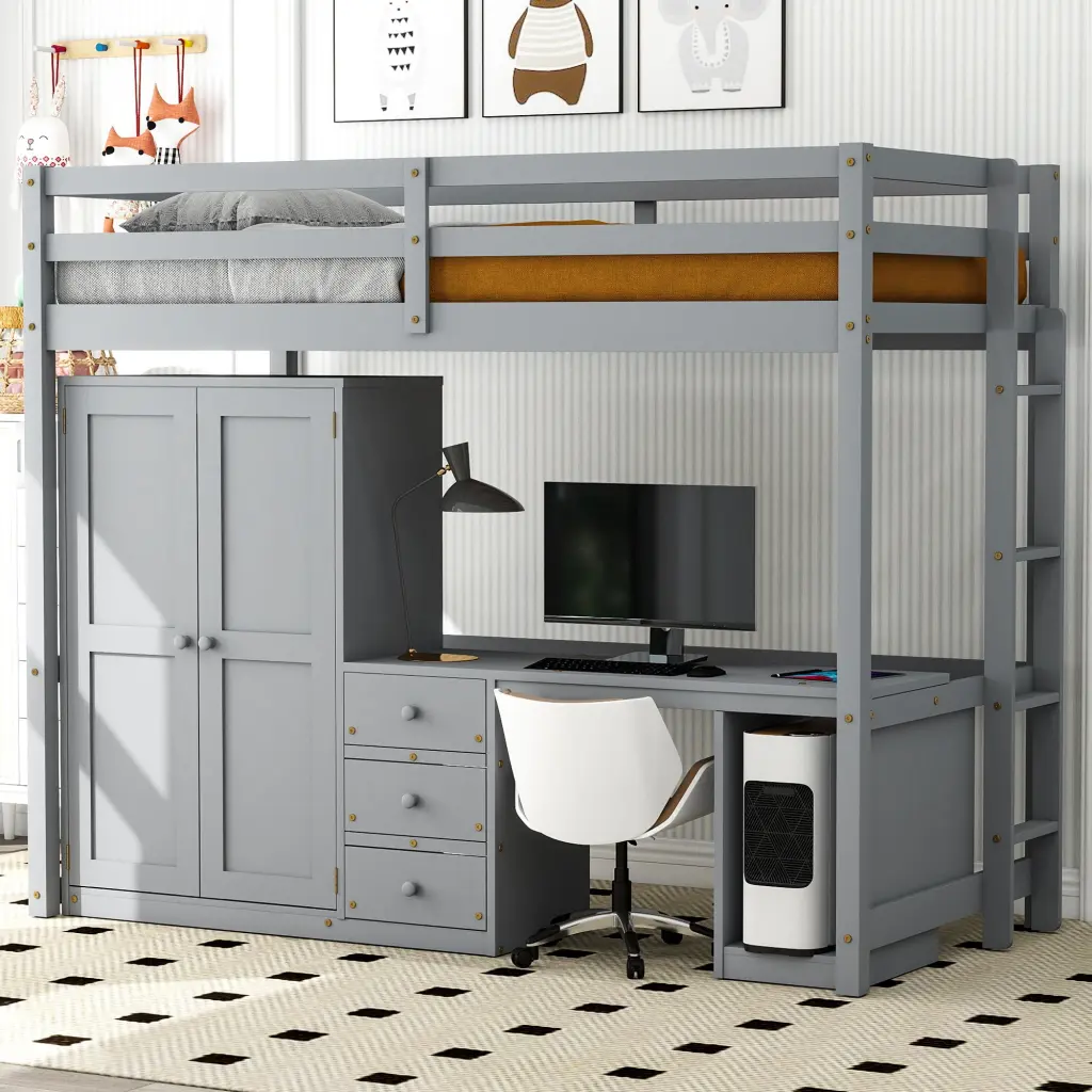 Twin Size Loft Bed Wardrobe Desk And Storage Drawers Gray Space Saving Furniture wm store