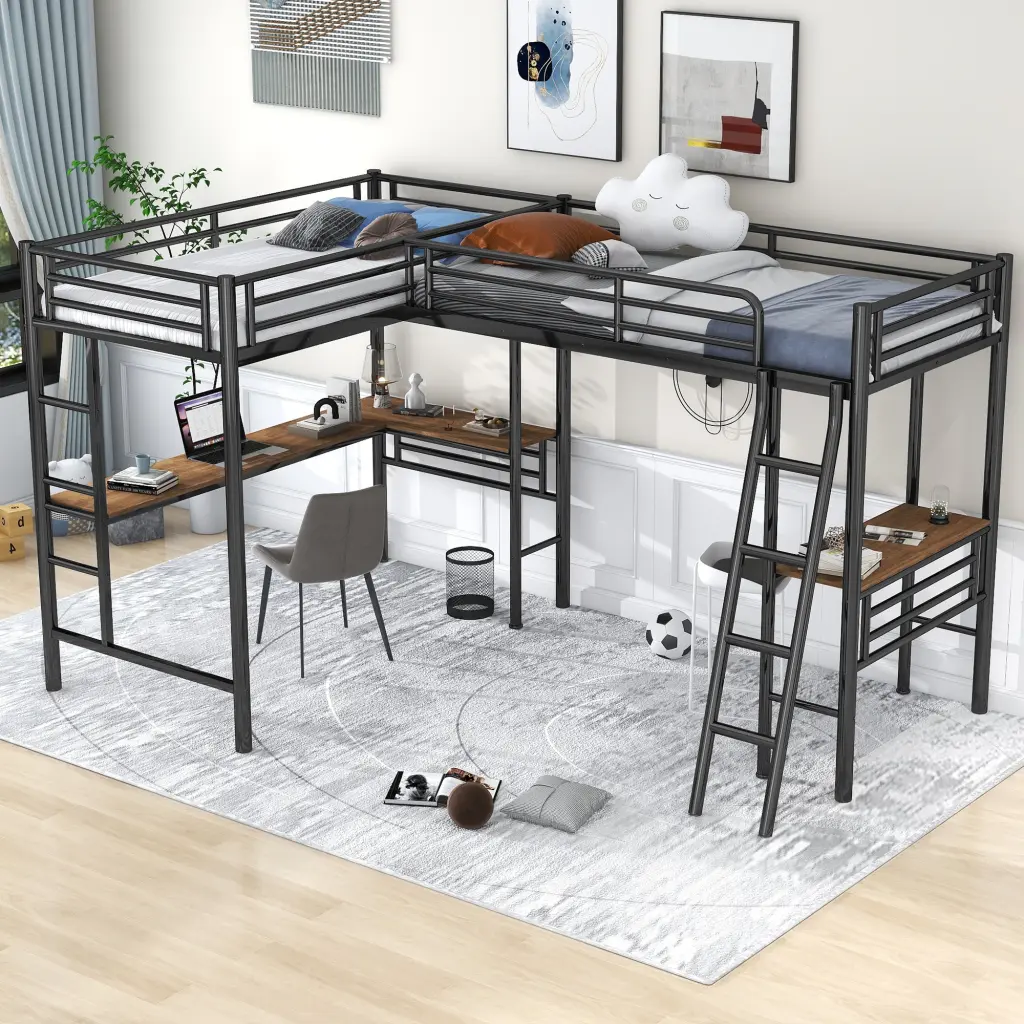 Twin Size Metal Loft Bed Two Built- Desks Black Finish wm store
