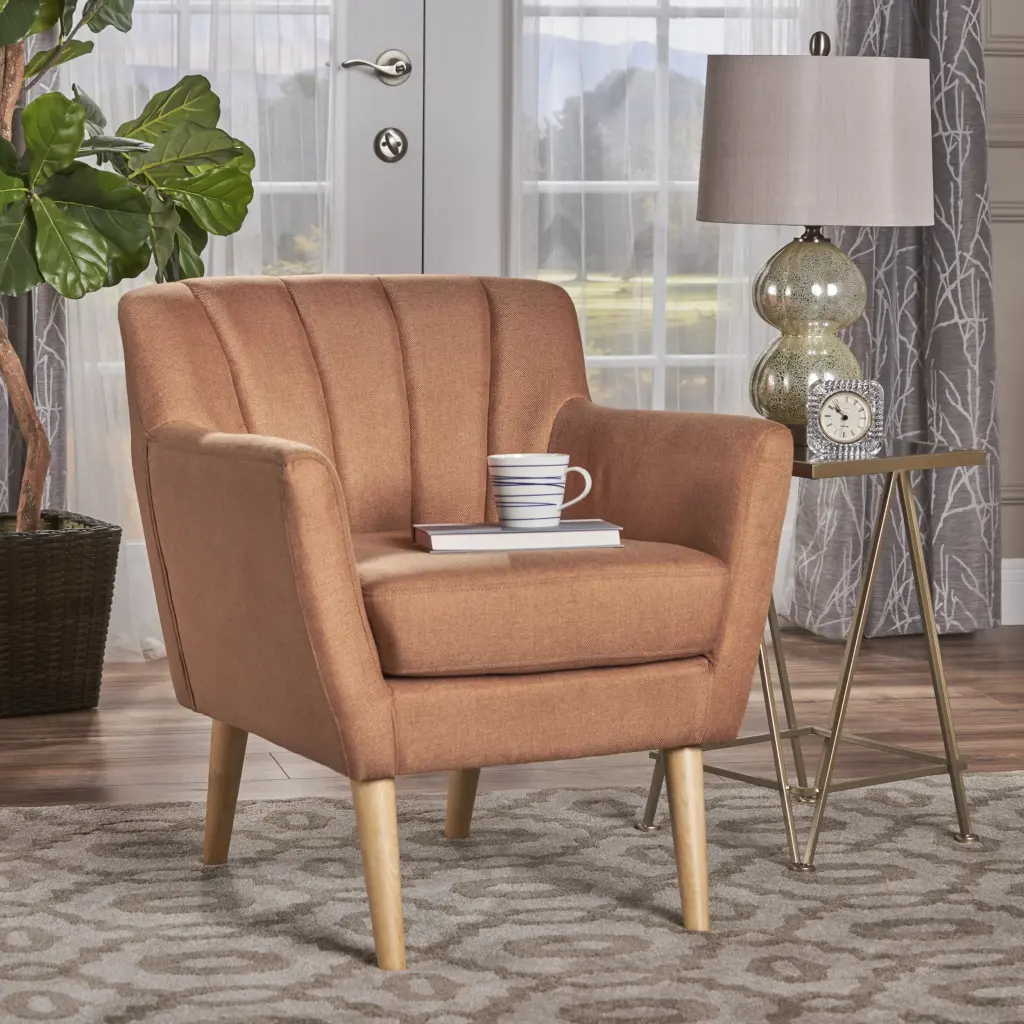 Mid Century Modern Fabric Club Chair Orange Natural Upholstered Lounge Chair nh-cozy home