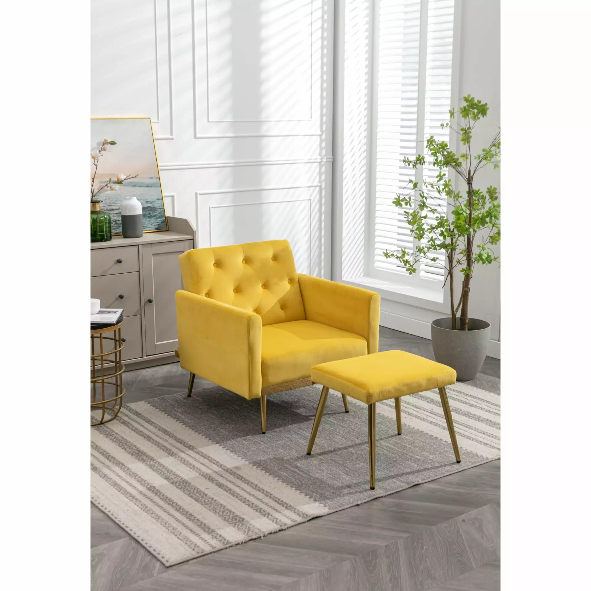 Mustard Velvet Lounge Chair Adjustable Backrest and Ottoman Ponnky