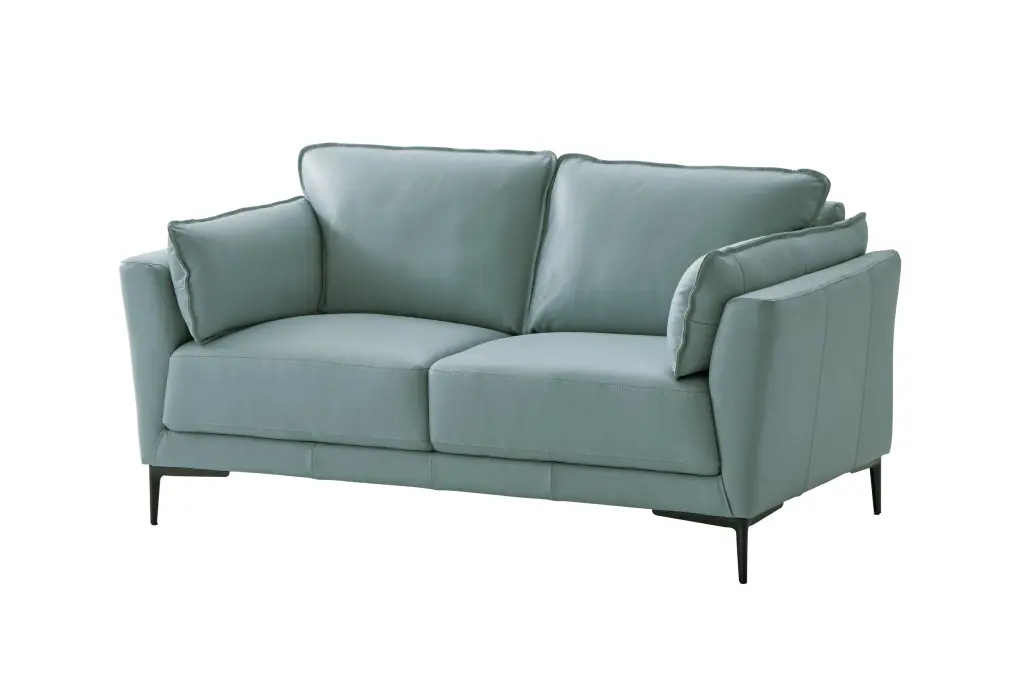 Mesut Loveseat Light Blue Top Grain Leather Black Finish Upholstered Sofa acme onsite store