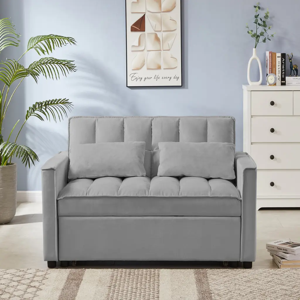 Grey Velvet Loveseat Sofa Bed Tufted Back Square Arms Foam Cushions cy furniture