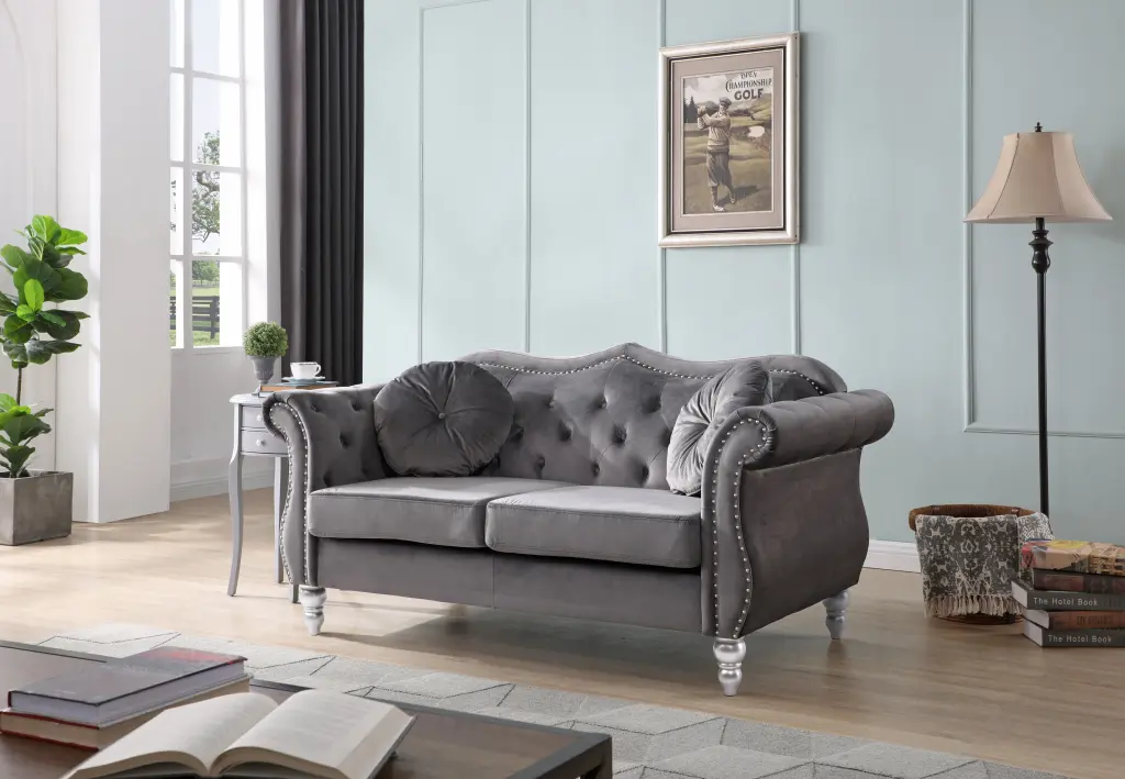 Dark Gray Velvet Hollywood Loveseat Foam Cushions Compact Spaces glory furniture