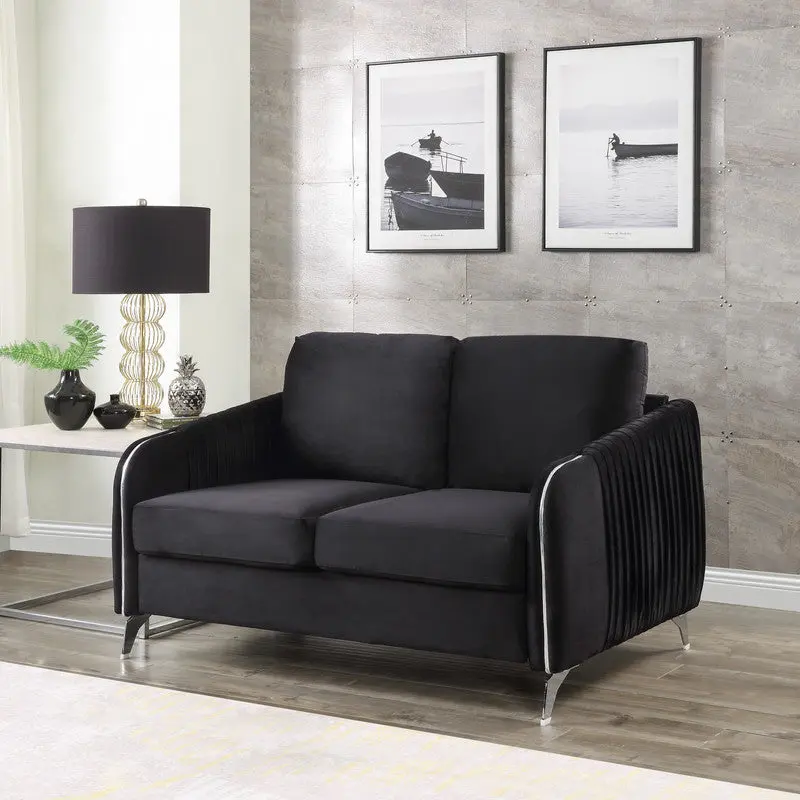 Hathaway 54 Inch Black Velvet Modern Stylish Loveseat Couch Small Spaces lilola home