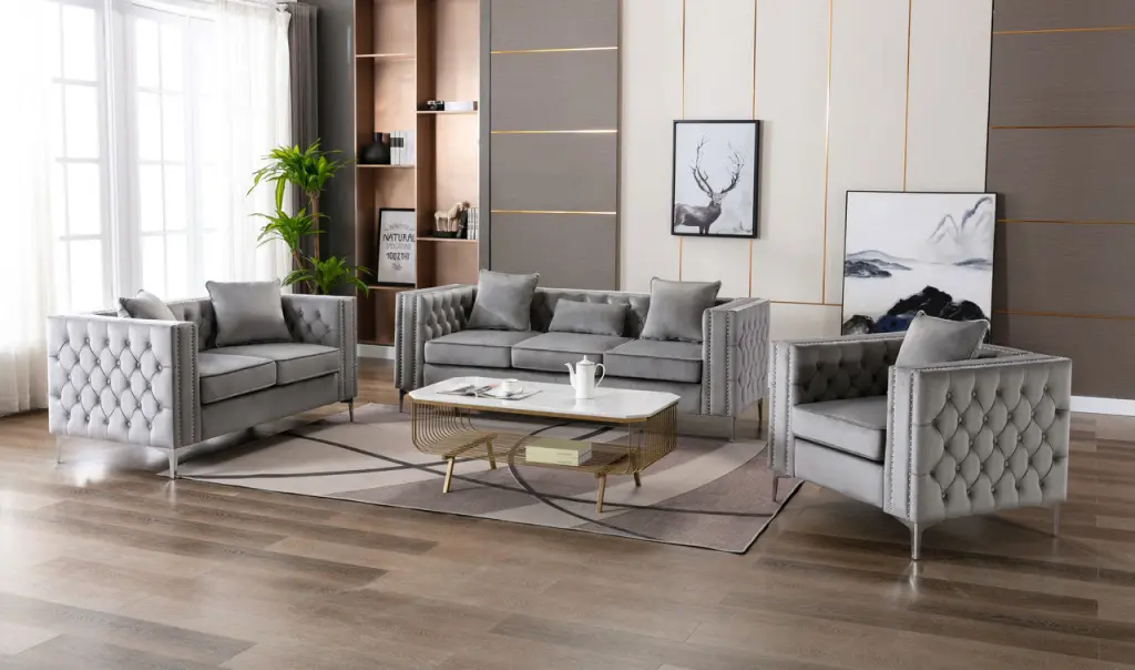 Lorreto Gray Velvet Fabric Sofa Loveseat Chair Living Room Set Gray Ve lilola home