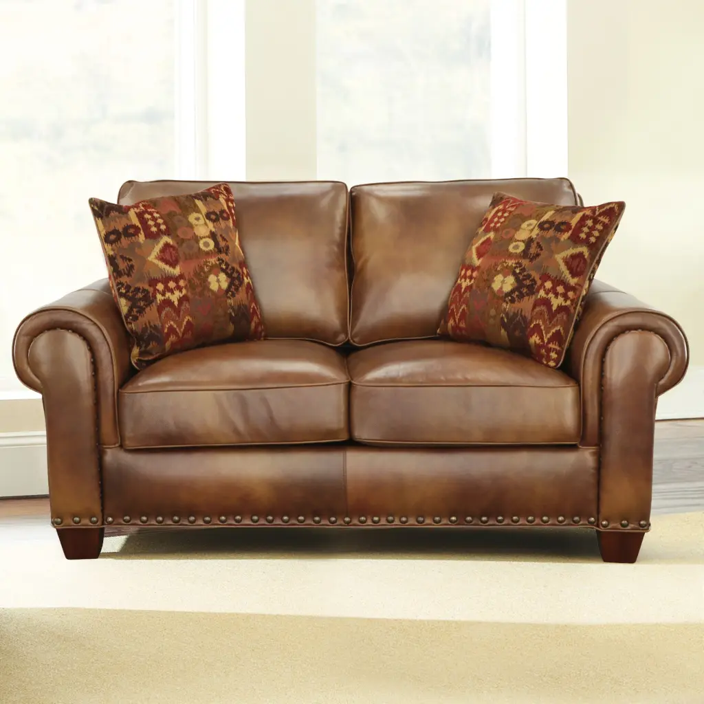 Rustic Leather Gatherion Loveseat Nail Head Trim steve silver furniture