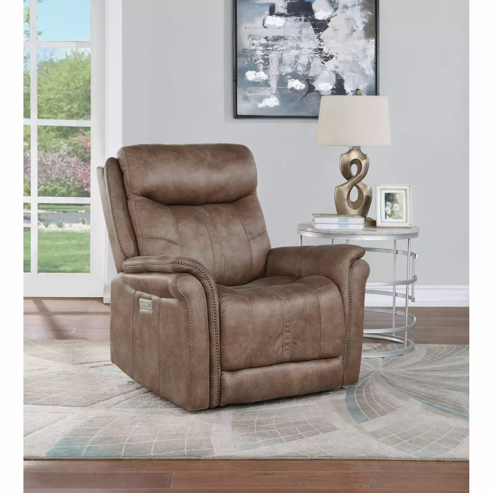 Luxurious Dual-Power Recliner Warm Camel Faux-Suede Power Footrest Power Headrest Built- USB Charging Port Ponnky