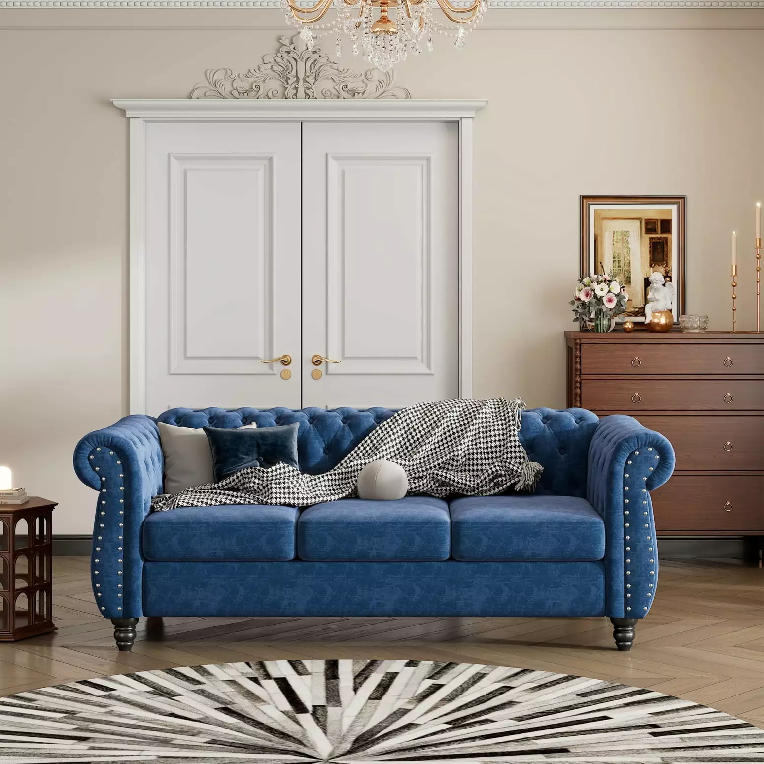 Elegant 82 Blue Dutch Plush Upholstered Modern Sofa - Buttoned Tufted Backrest Solid Wood Legs HATNOKIL
