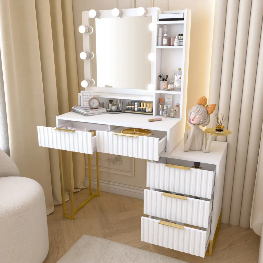 Makeup Vanity Desk Mirror And Lights Vanity Table 5 Drawers xiewan