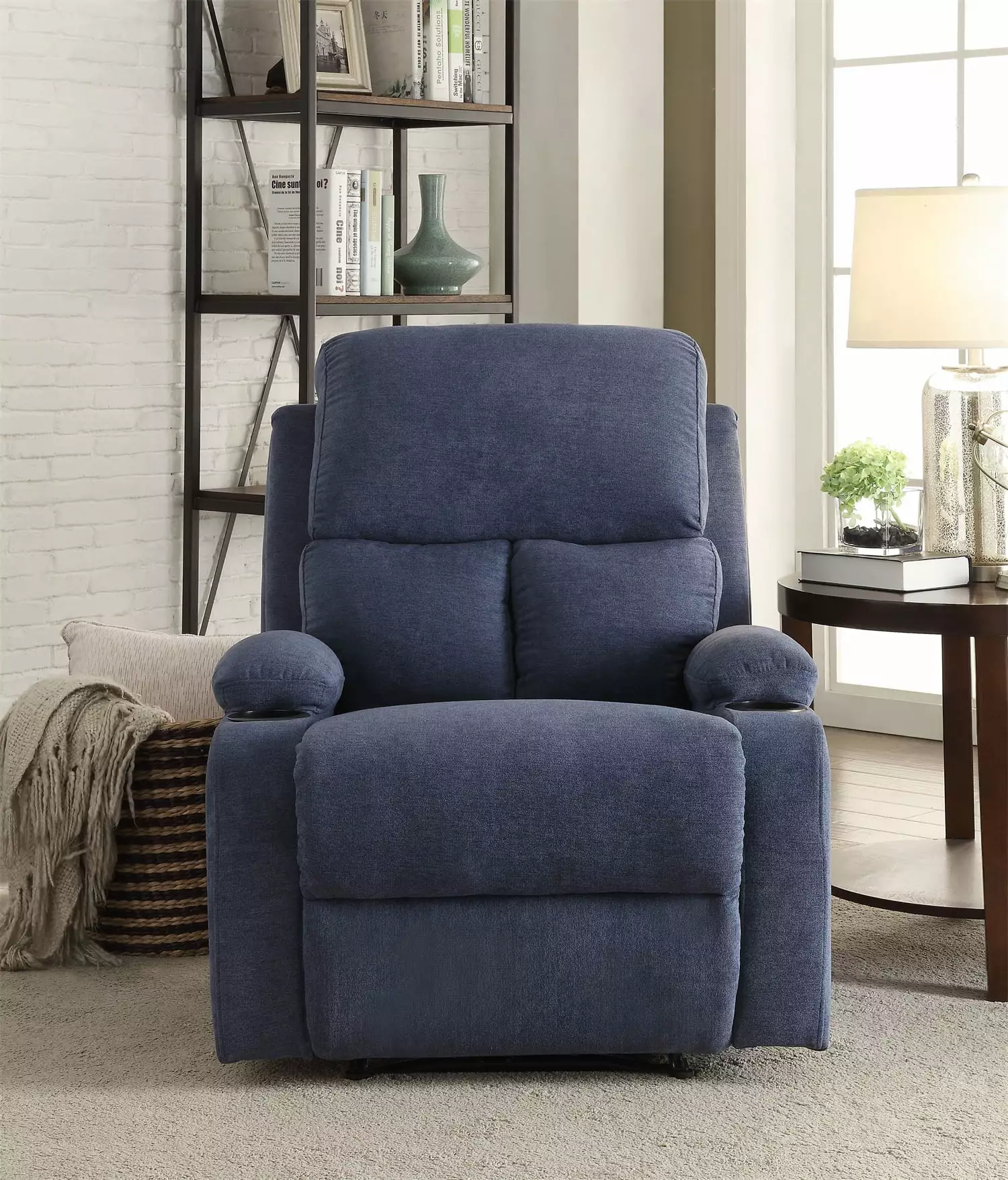 Motion Recliner Chair 2 Cup Holders Adjustable Ergonomic Velvet Upholstered Lounge Chair Blue ARCTICSCORPION