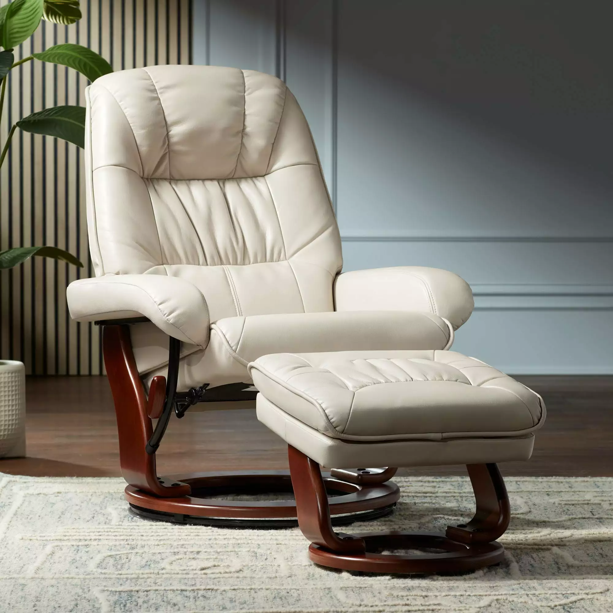 BenchMaster Kyle Taupe Faux Leather Recliner Chair Modern Armchair Ottoman Footrest Ergonomic Manual Reclining Swivel Bedr...
