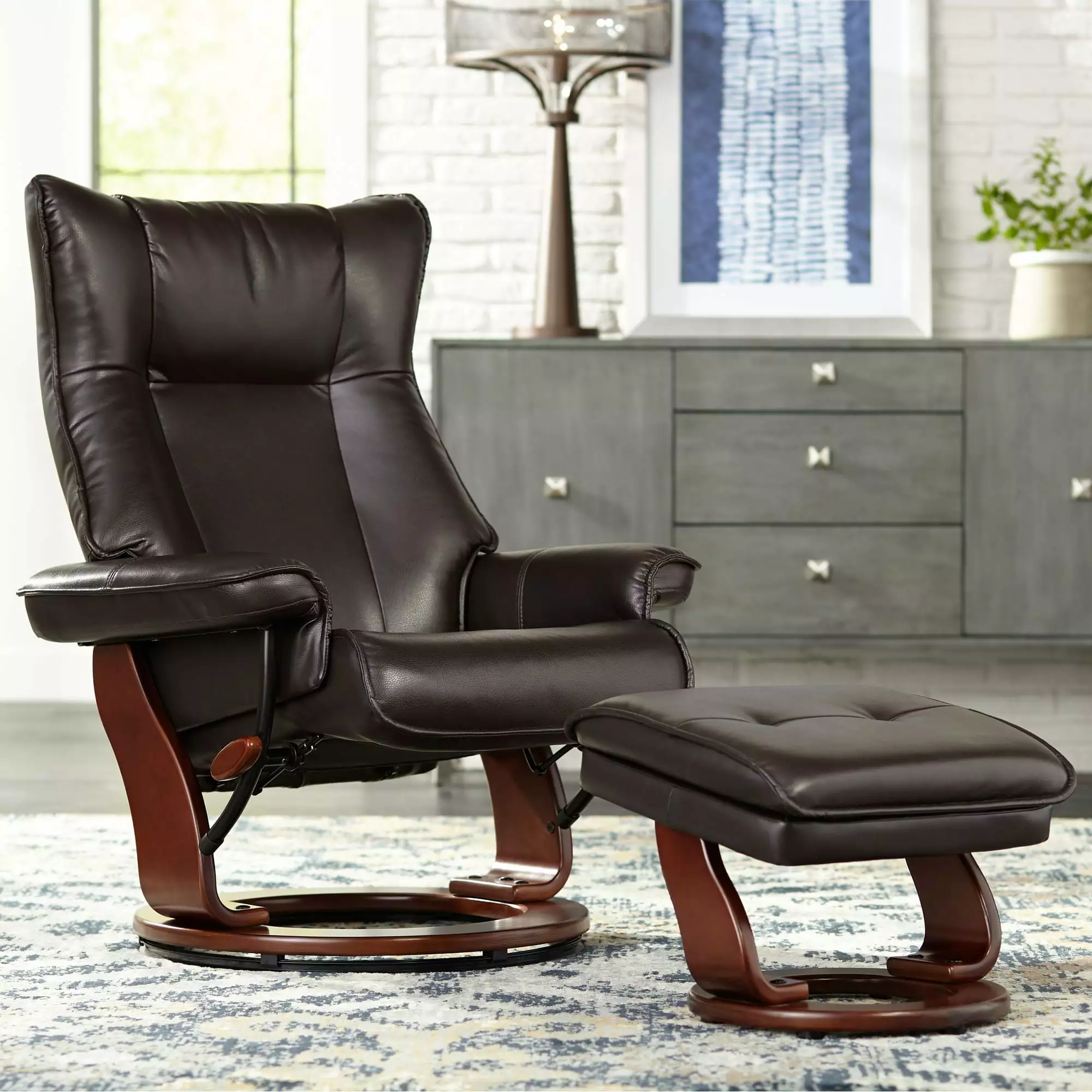 BenchMaster Morgan Java Faux Leather Recliner Chair Ottoman Footrest Manual Reclining Swivel Living Room