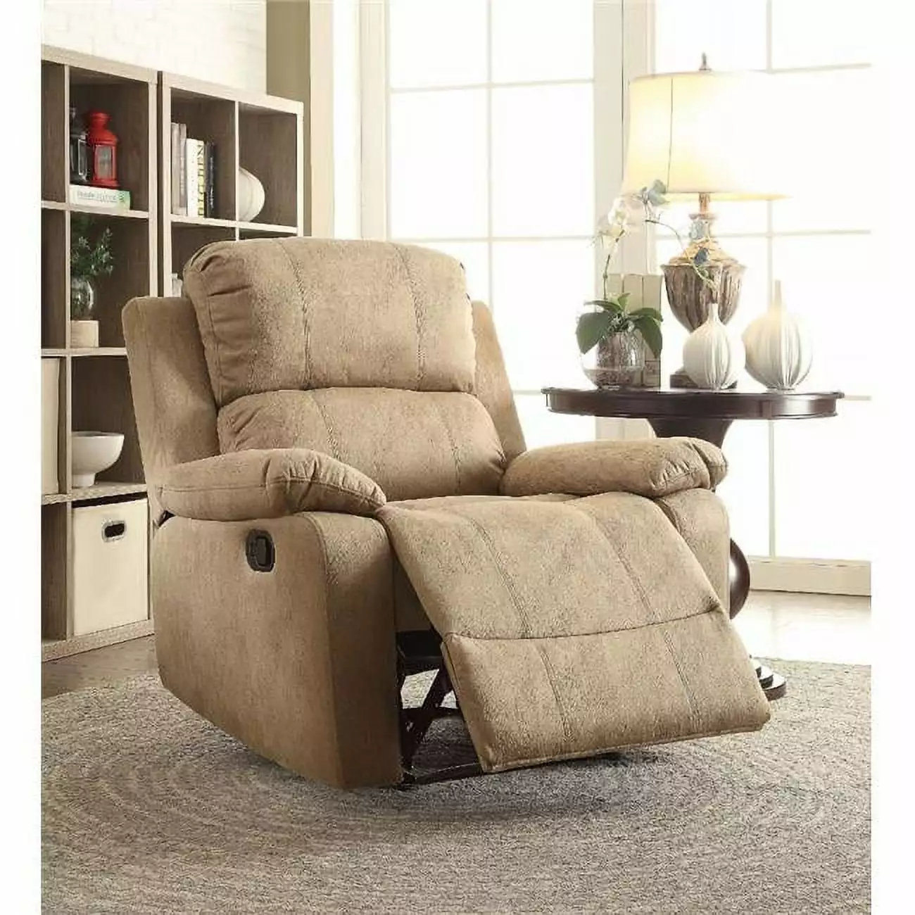 Microfiber Upholstered Metal Recliner External Latch Handle Light Brown Benzara