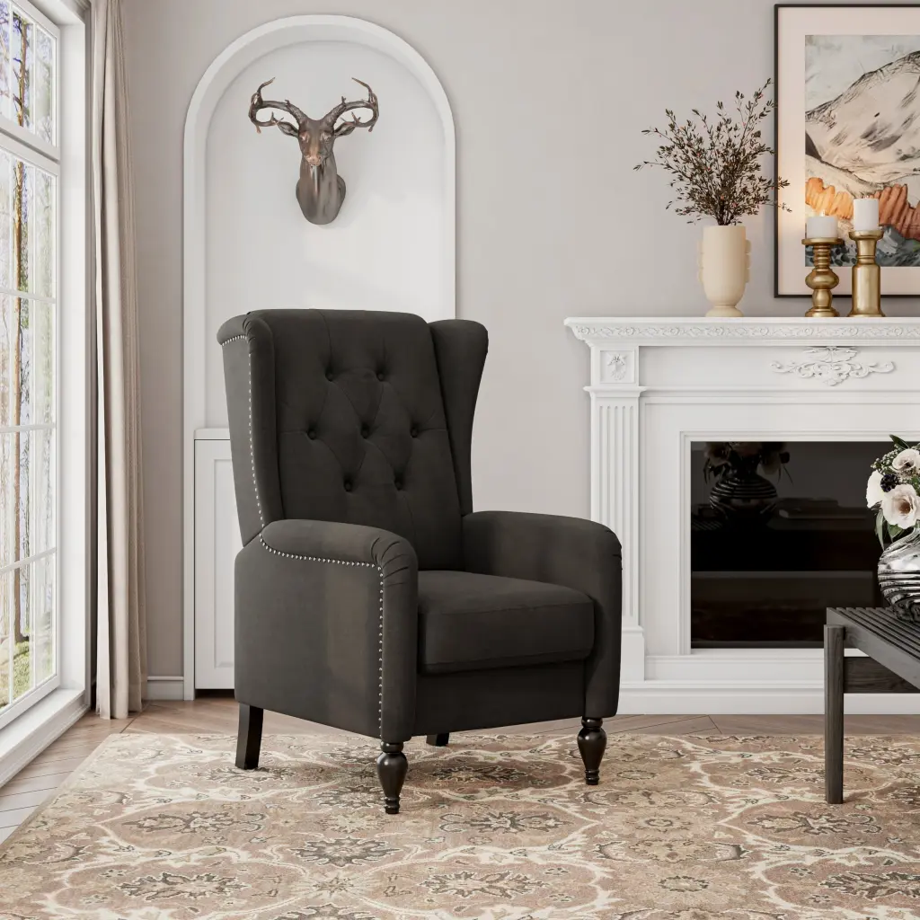 Haven Recliner Charcoal Grey Espresso Velvet Manual Push Back Wood Frame Chair golden oak home