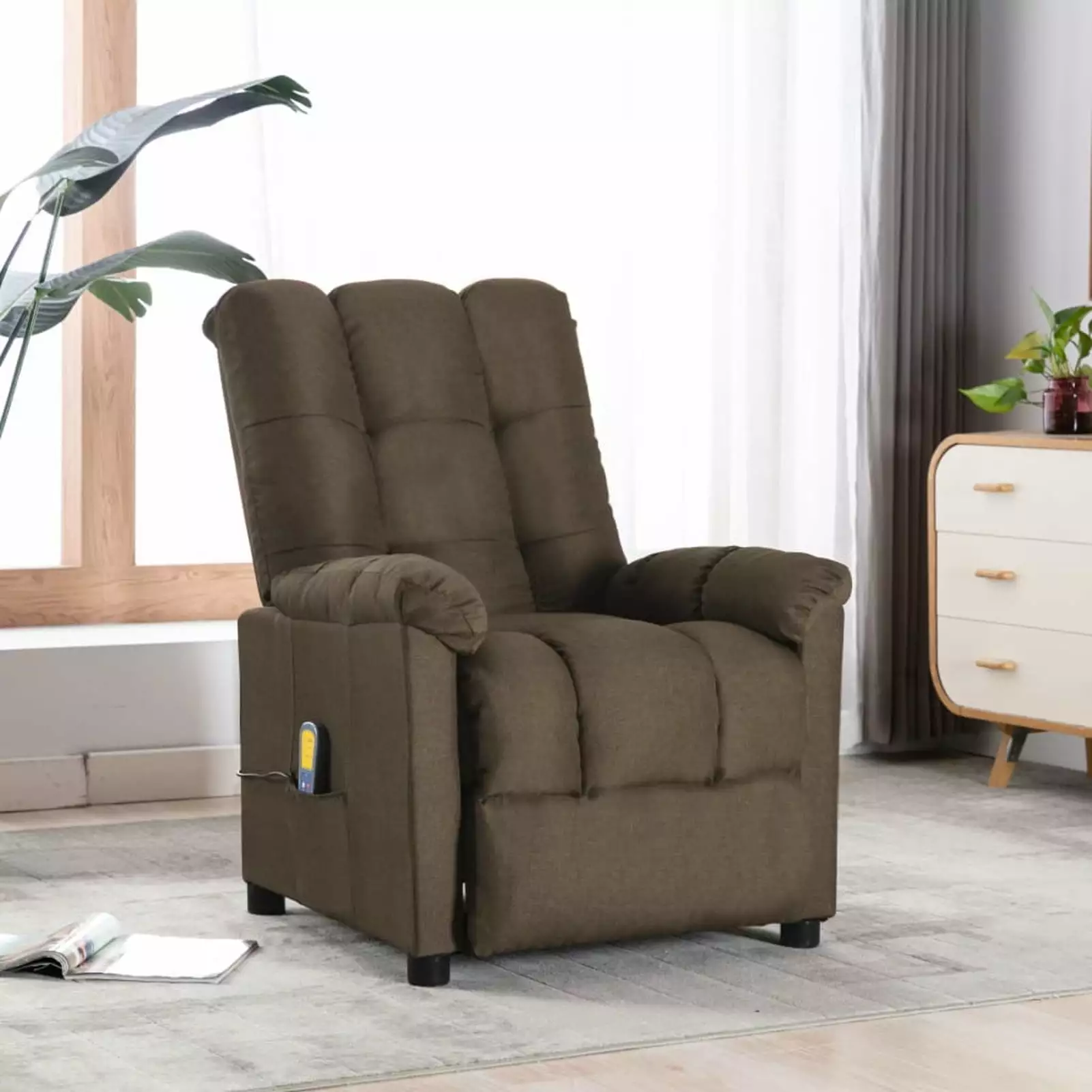 Anself Brown Fabric Massage Reclining Chair Adjustable Backrest and Side Pocket Elderly Living Room