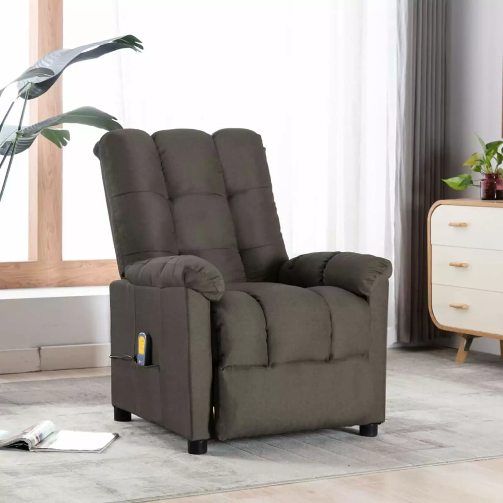 Anself Taupe Fabric Massage Reclining Chair Side Pocket Elderly