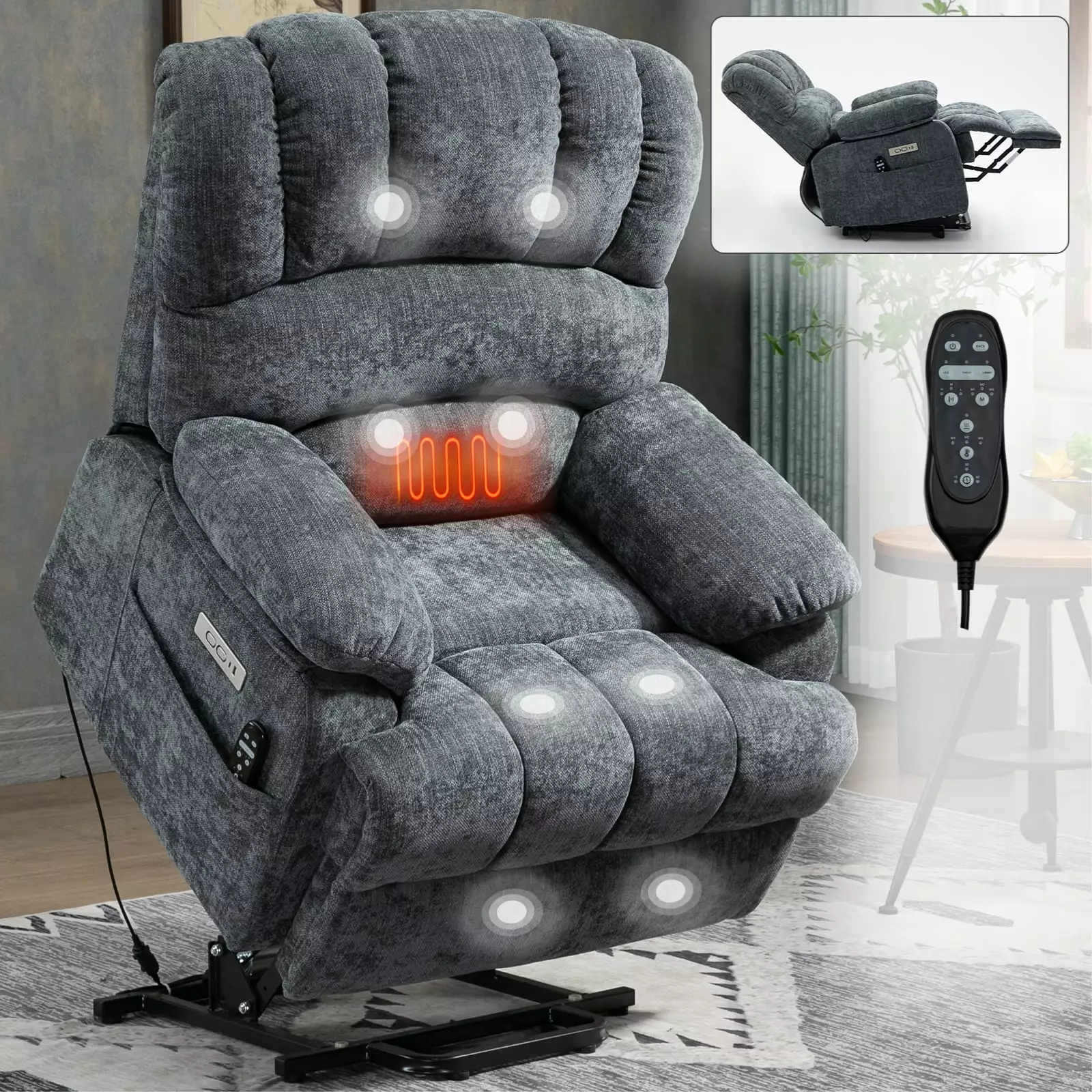 DeeHome 23 Seat Width High Back Large Size Blue Chenille Power Lift Recliner Massage and Heating