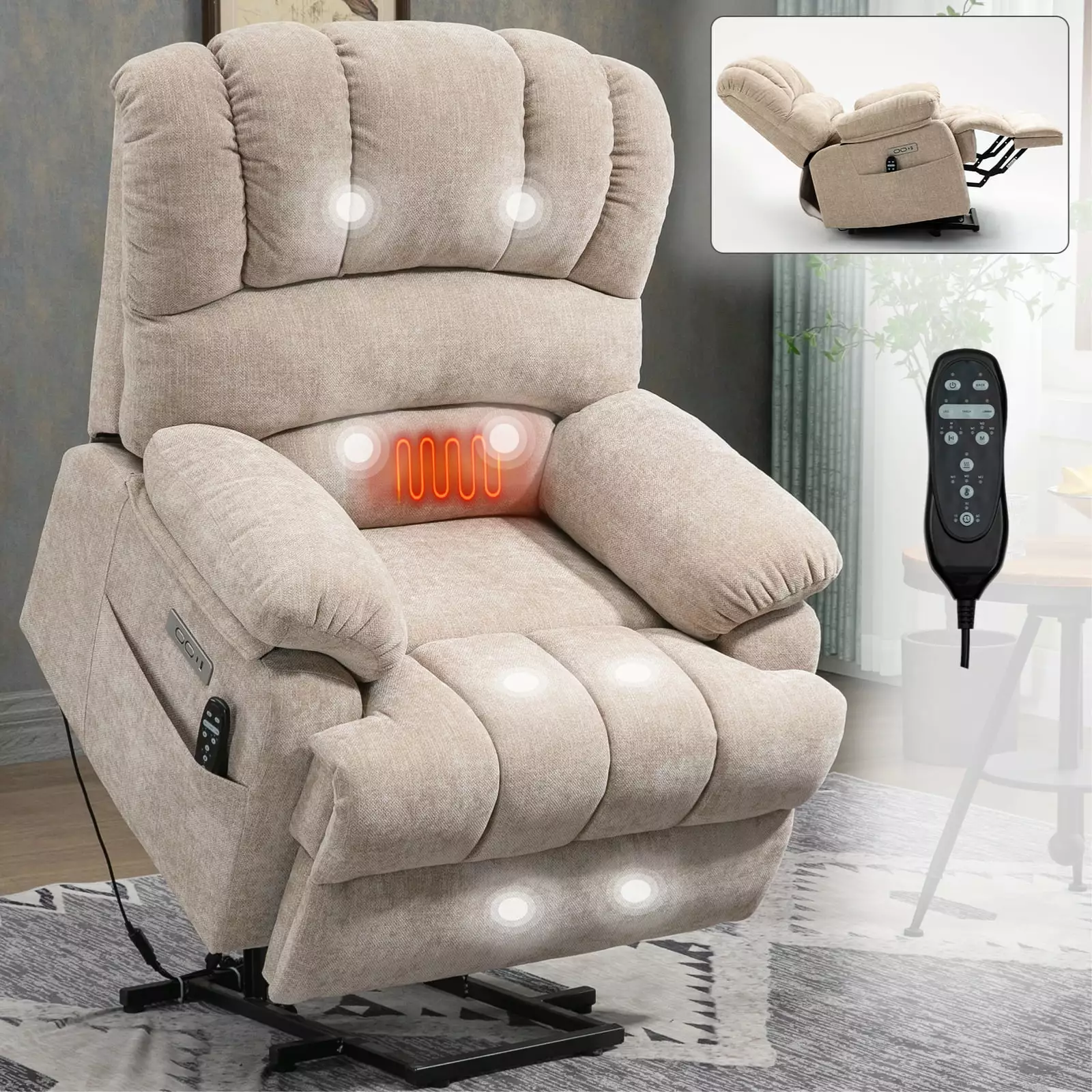 DeeHome 23 Seat Width High Back Large Size Beige Chenille Power Lift Recliner Massage and Heating