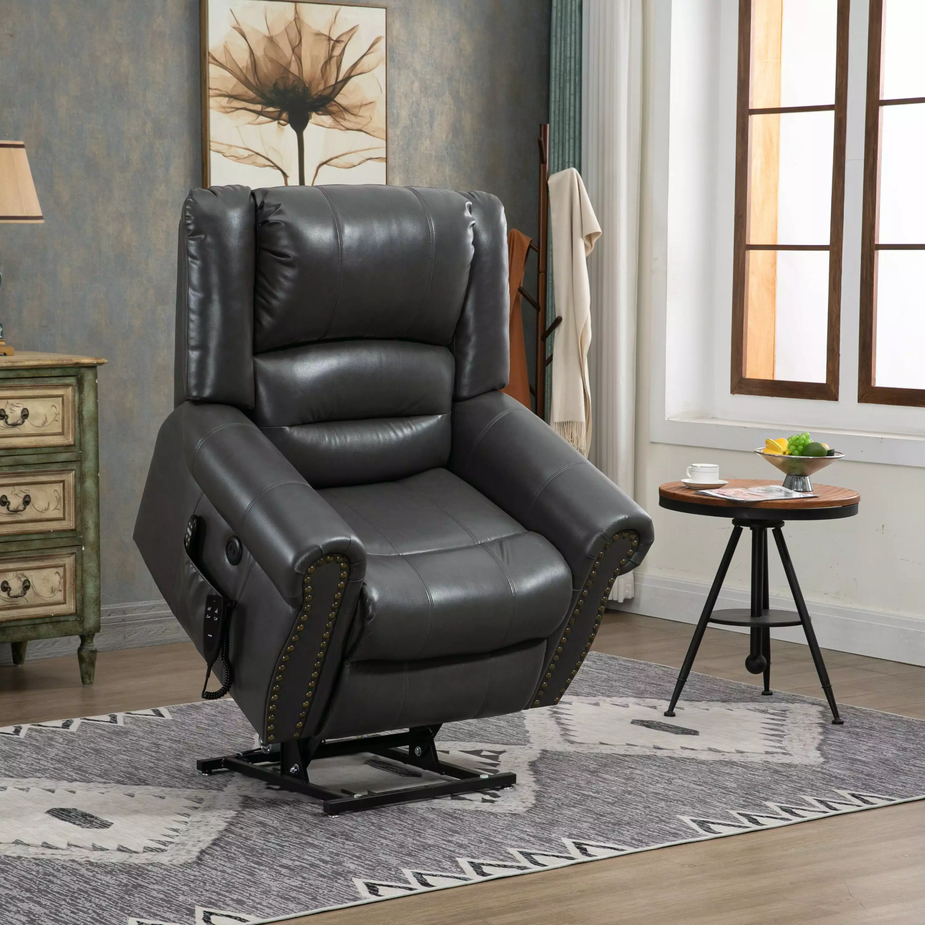 Zest Power Lift Faux Leather Recliner Chair Heat Massage Dual Motor Grey Go Green Woods