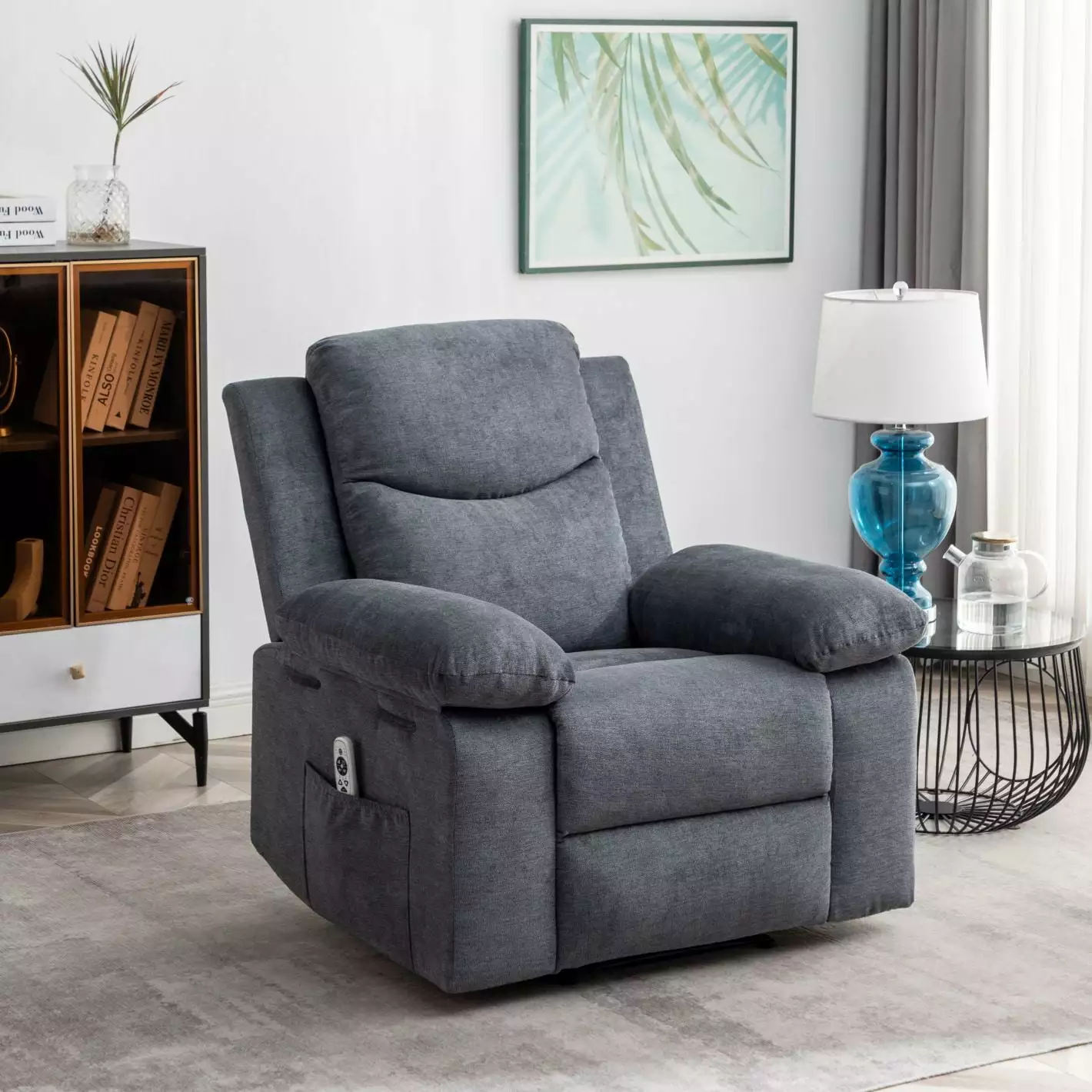 Power Recliner Chair Adjustable Massage and Heating Dark Gray Fabric GUTALOR