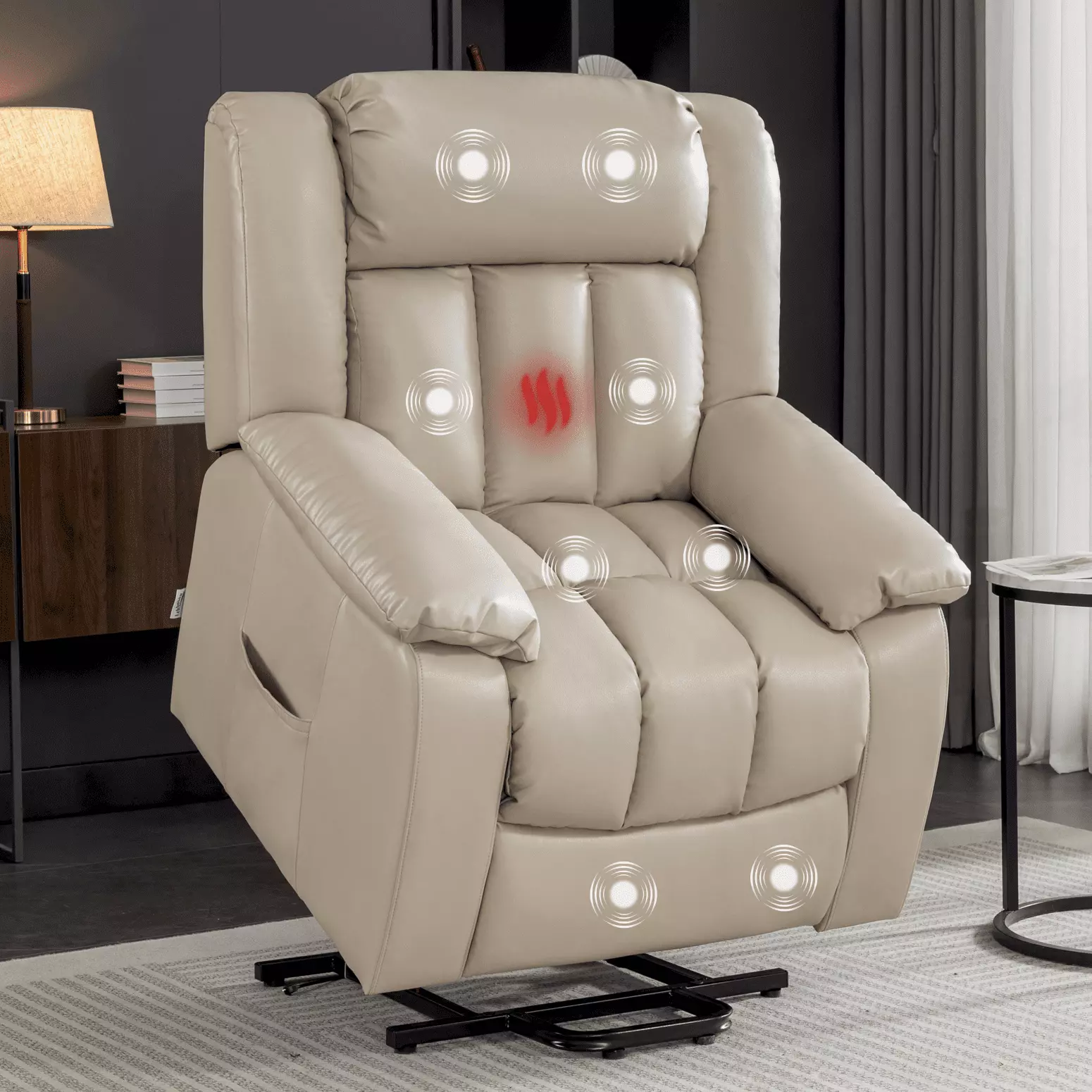Lift Chair Recliner Beige Massage Heating Zero-G Position and Built- Desk Elderly Ponnky