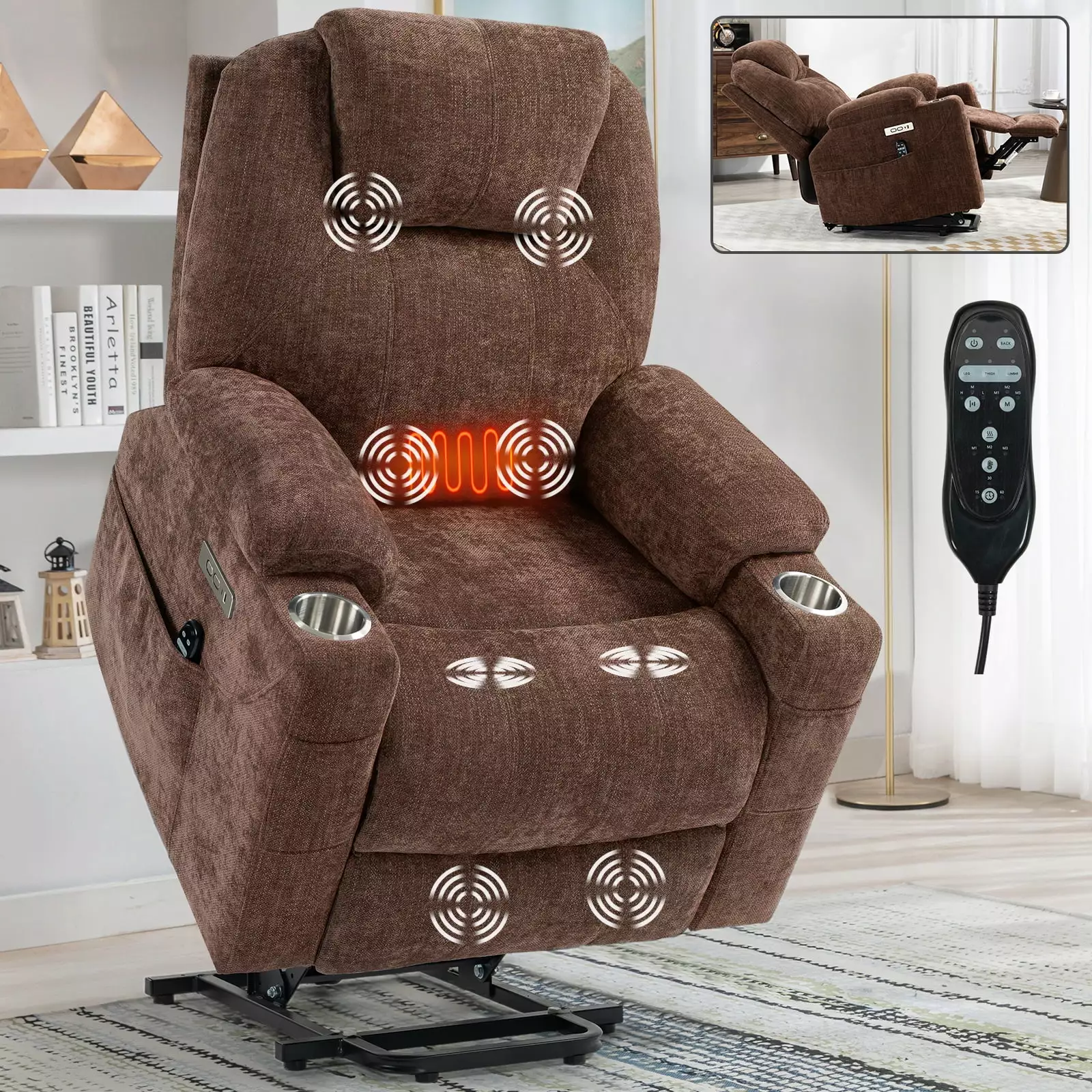 TYAQYF Okin Motor Power Lift Recliner Chair 8-Point Vibration Massage and Lumbar Heating - Heavy Duty Chenille Fabric