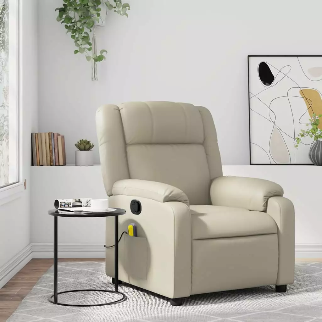 vidaXL Cream Faux Leather Massage Recliner Chair Heating and Vibration