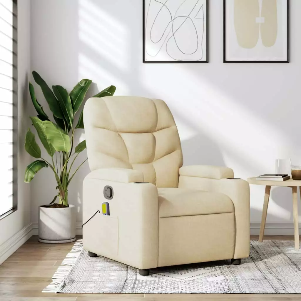 vidaXL Massage Recliner Chair Cream Fabric Heat and Remote Control