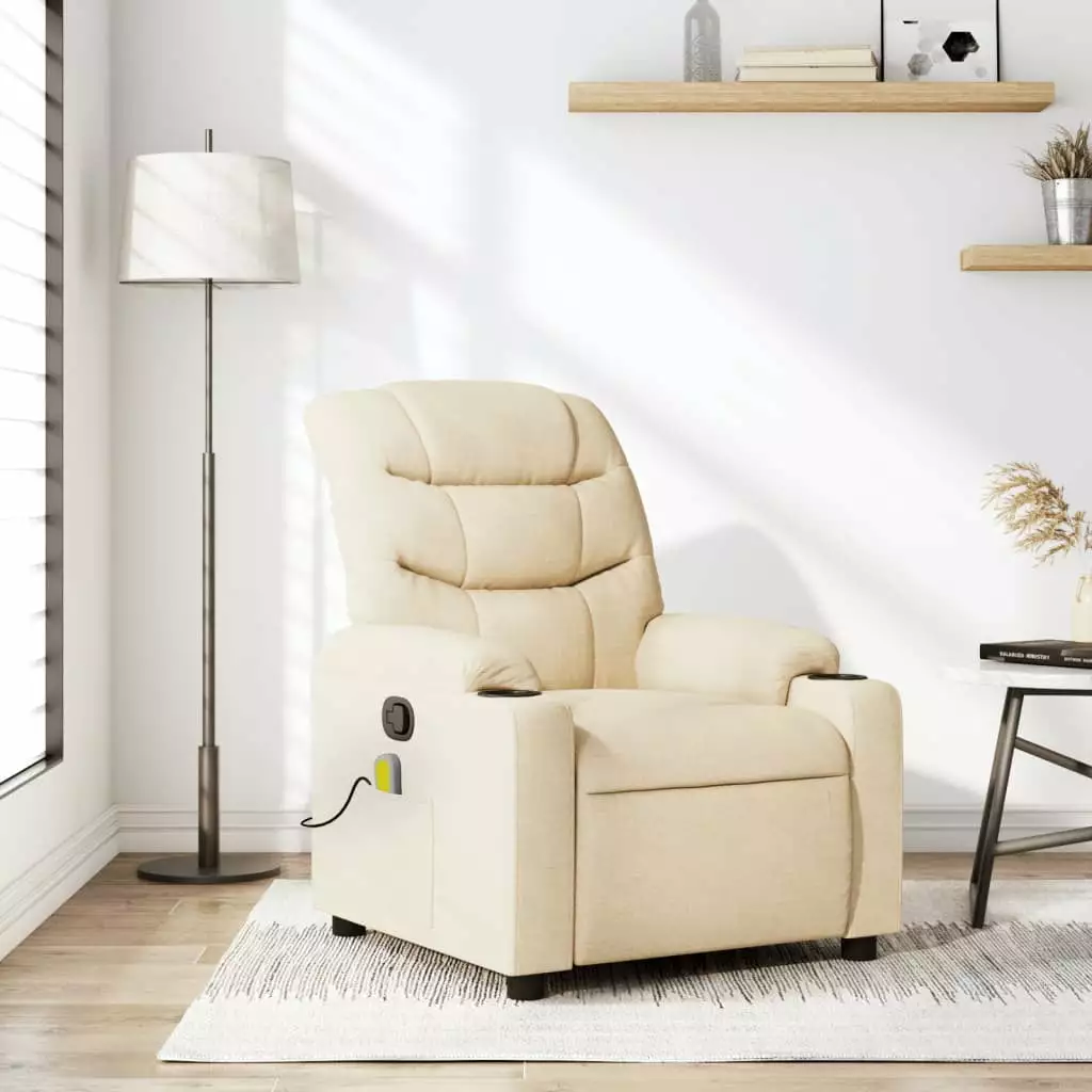 vidaXL Massage Recliner Chair Cream Fabric Adjustable Footrest and Massage Function