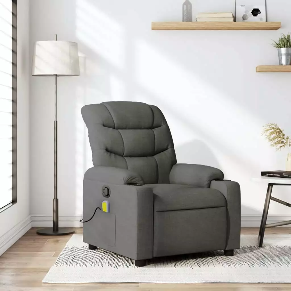 vidaXL Massage Recliner Chair Dark Gray Fabric Heat and Vibration Living Room