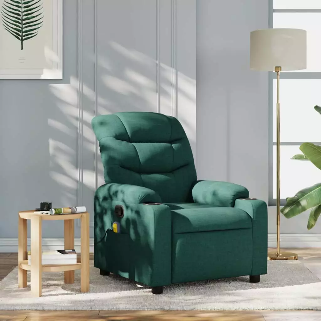 vidaXL Massage Recliner Chair Dark Green Fabric - Comfortable Reclining Chair Massage Function