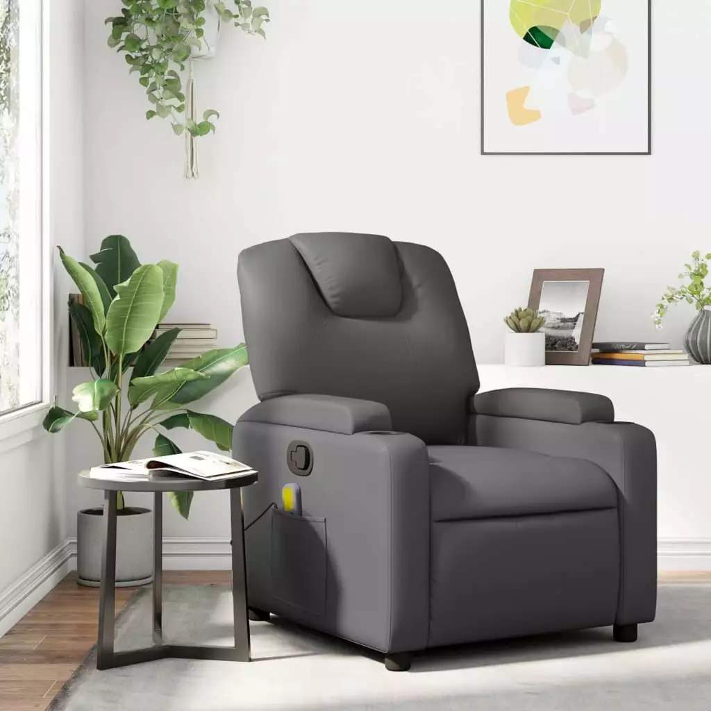 vidaXL Massage Recliner Chair Gray Faux Leather Footrest and Cup Holders