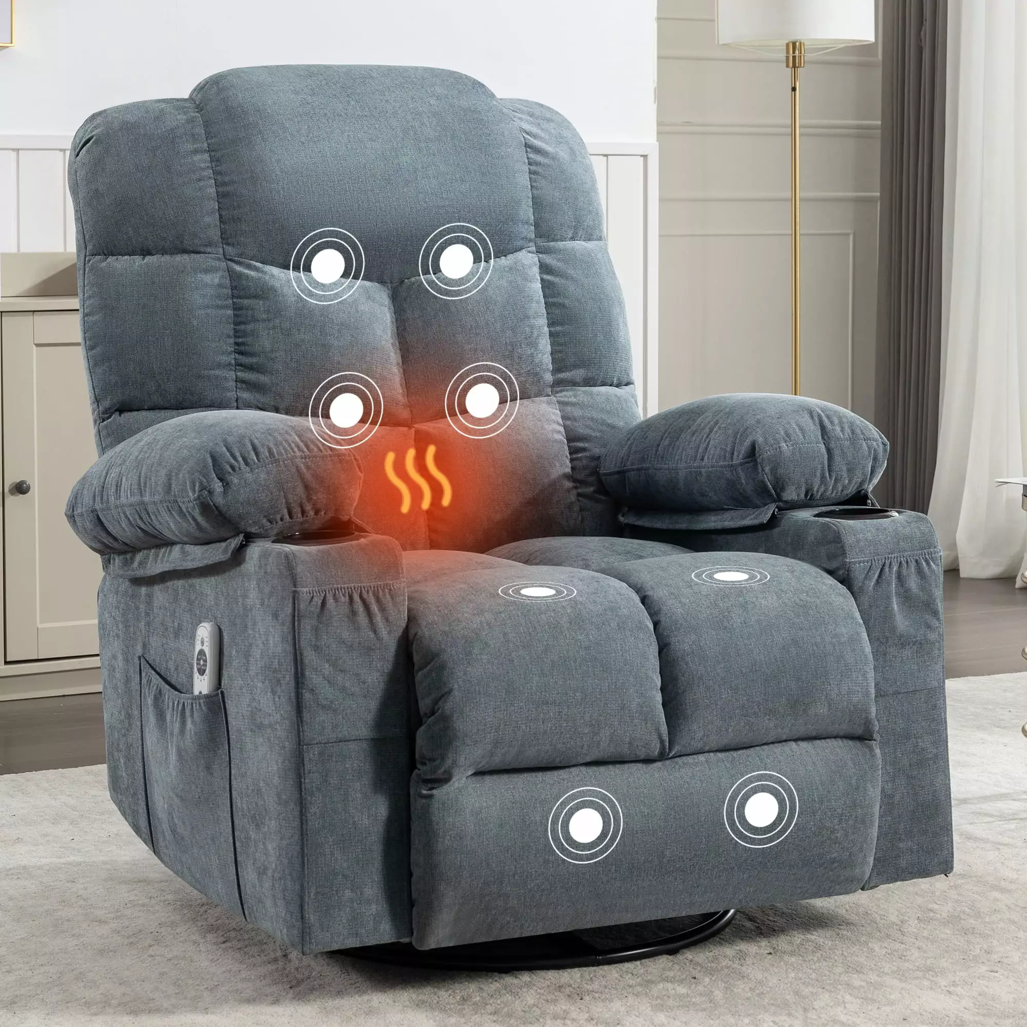 Massage Rocker Recliner Chair - Oversized Rocking Chair Adults 2 Cup Holders and USB Charge Port - Manual Massage and Heat...