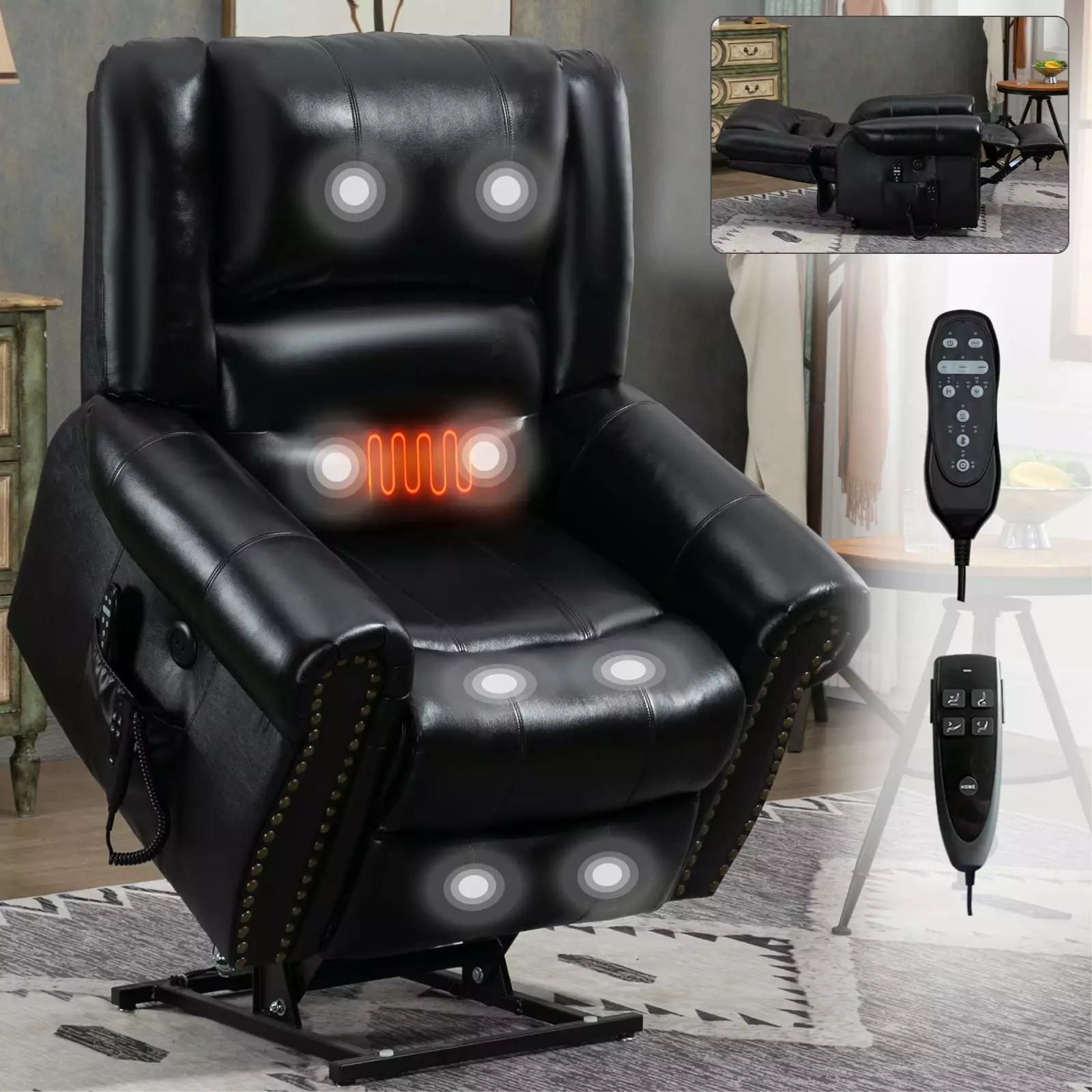 DeeHome Power Lift Recliner Chair Heat Massage and USB Ports Black