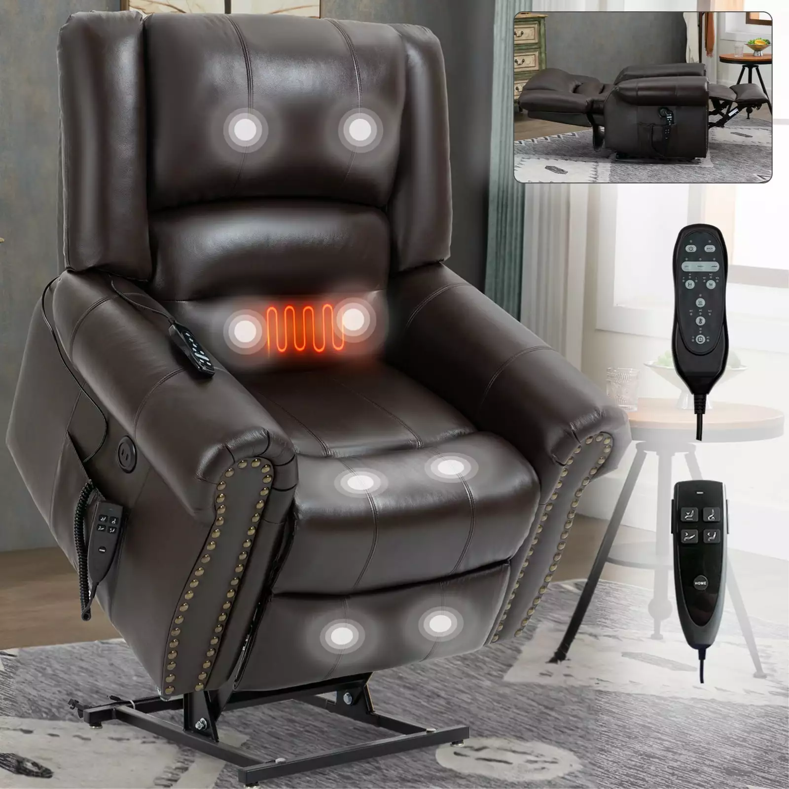 DeeHome Power Lift Recliner Chair Heat Massage and USB Ports Brown