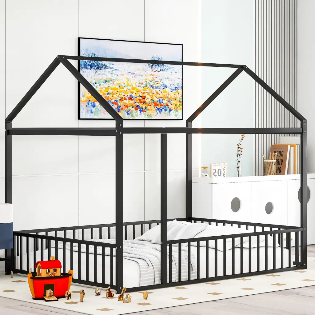 Full Size Metal Bed Frame Fence Kids Teens Girls Sturdy Bed Base lucky world