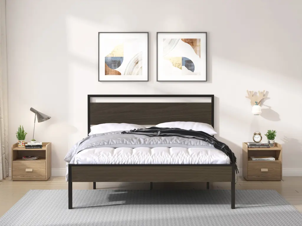 Ceres Metal Bed Black Walnut Wood Headboard Queen Size house - home furniture