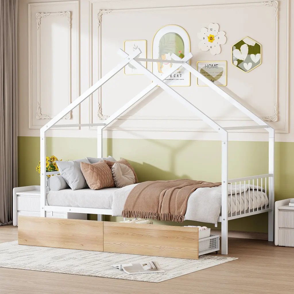 Twin Size White Metal Houtilize Bed Two Drawers lucky world