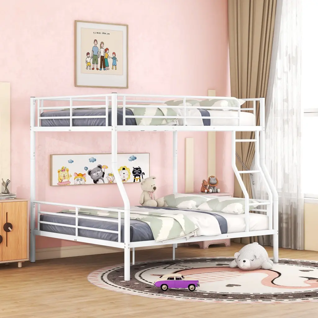 Full XL Over Queen Metal Bunk Bed White Iron lucky furniture