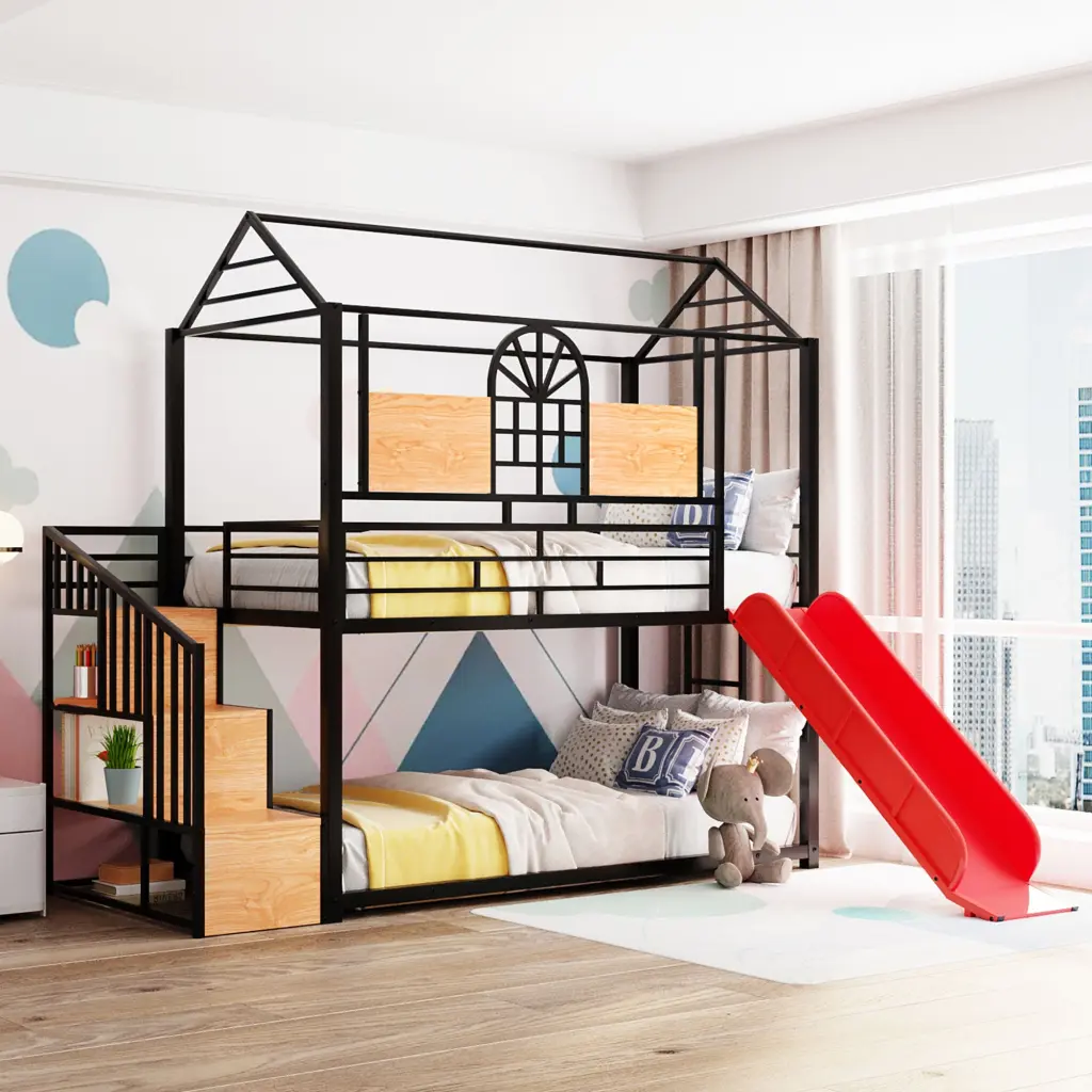 Twin Over Twin Metal Bunk Bed Slide and Storage Kids lucky world