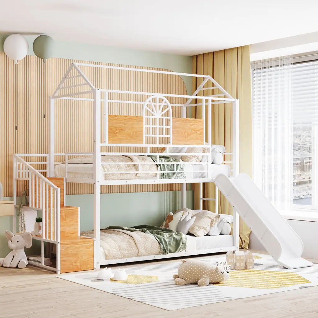 Twin Over Twin Metal Bunk Bed Slide and Storage Kids lucky world