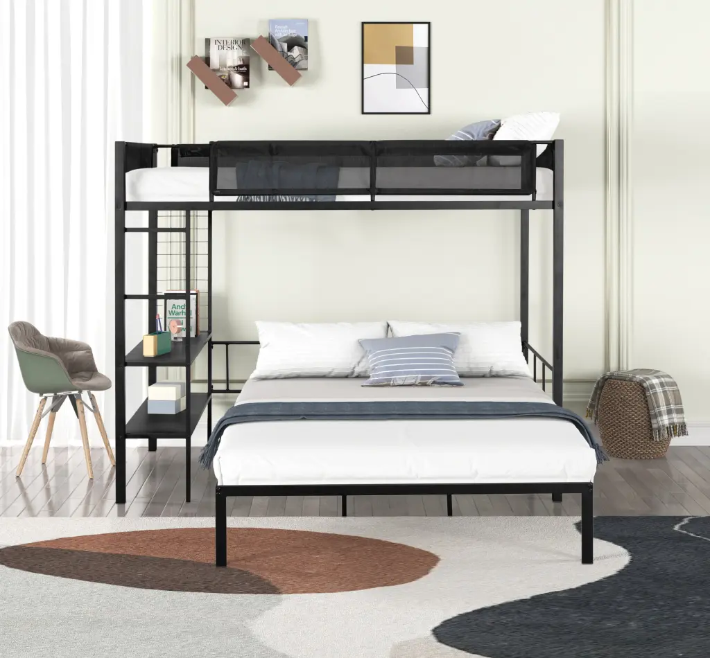 Metal Twin Over Full Bunk Bed Shelves and Grid Panel rnb
