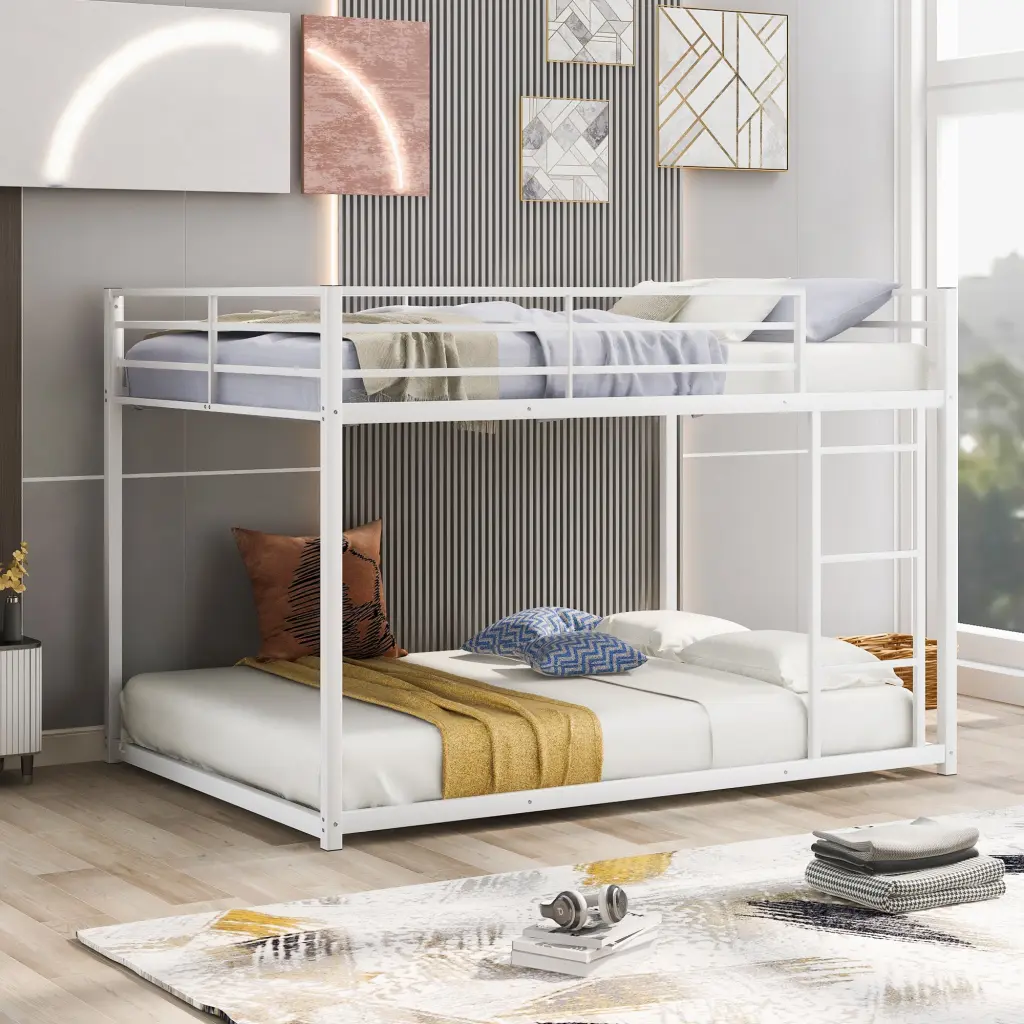 Full Over Full Metal Bunk Bed Low Bunk Bed Ladder White wm store