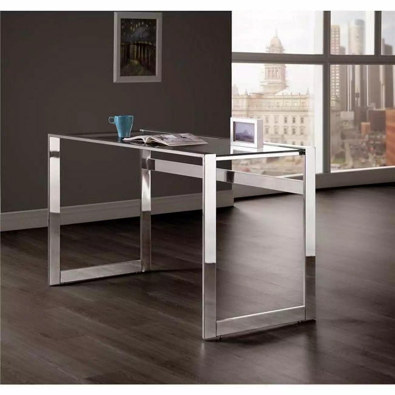 Benzara BM159084 Silver Metal Writing Desk Elegant Modern Home Office Desk