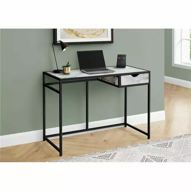 42 . Metal Computer Desk. White Marble-Look - Black Daphne's Dinnette