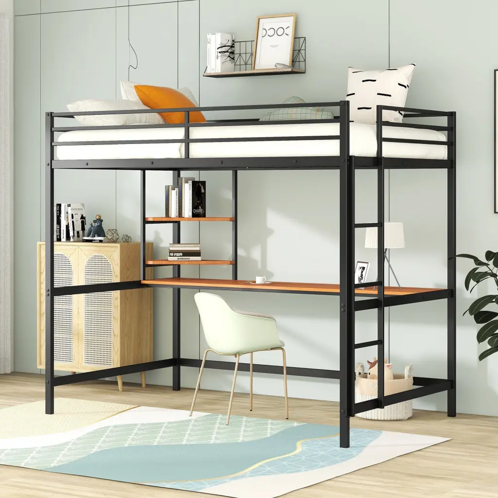 Full Metal Loft Bed Desk and Shelves, Black Metal Frame lucky furniture