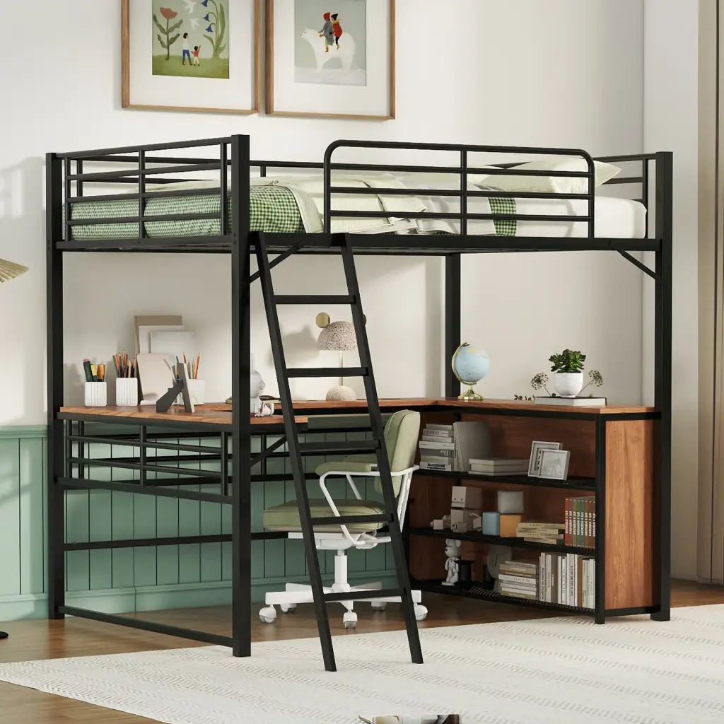 Full Size Metal Loft Bed 3 Layers Shelves and L-Shaped Desk lucky world