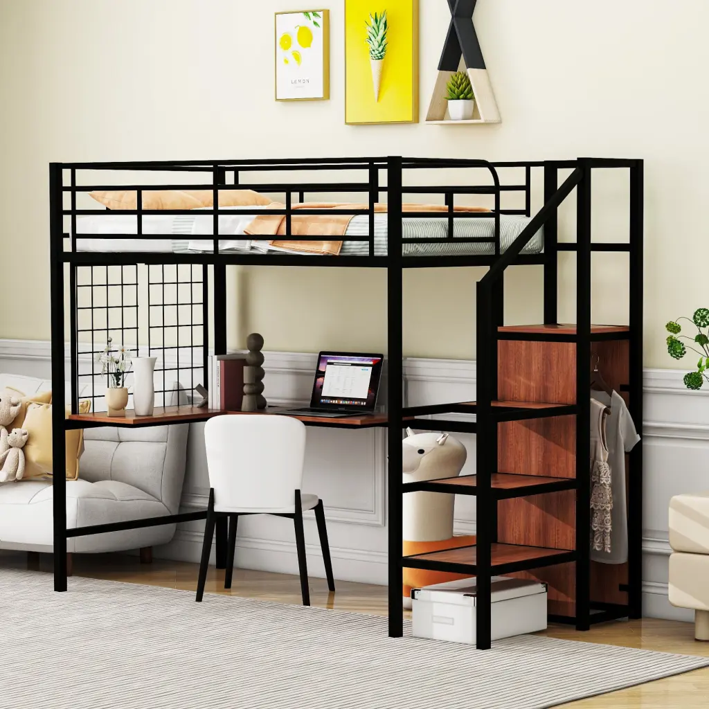 Twin Size Metal Loft Bed Desk and Metal Grid Chic Metal Frame lucky world