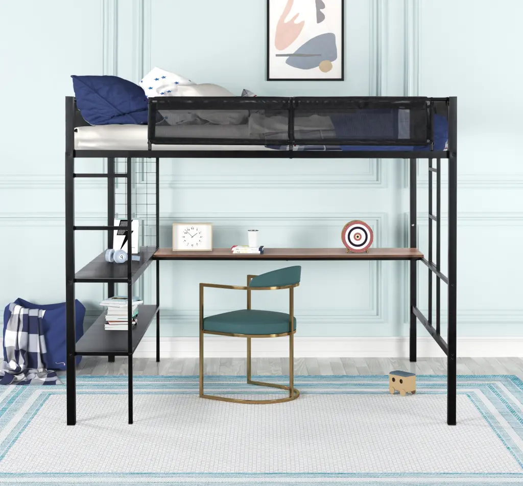 Metal Full Size Loft Bed Desk and Shelves Robust Bed Frame Space Saving rnb